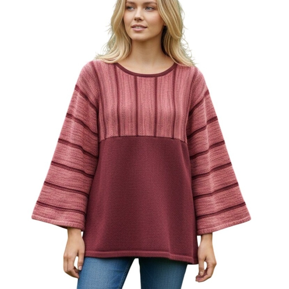 Cable & Gauge Sweater Women L Burgundy Oversized Bell Sleeve Striped Knit Top